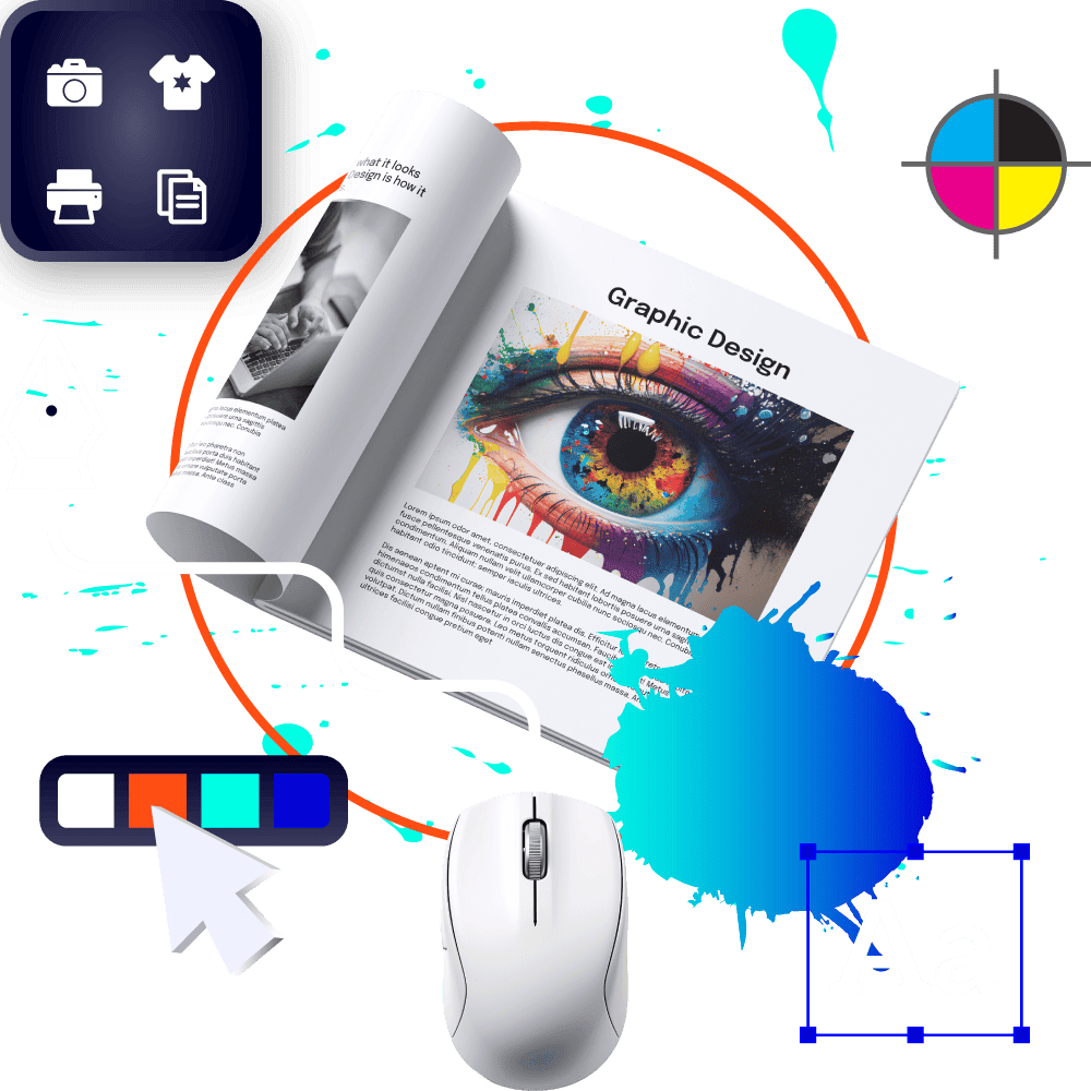 Graphic design magazine spread open, showcasing a stylized eye image, along with design tools such as a pen tool, printer icons, and a computer mouse.