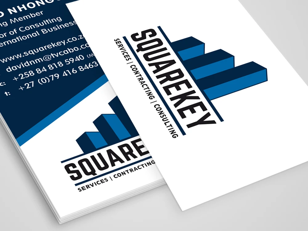 Business card for Squarekey, a consulting and contracting company, featuring a logo of stacked buildings in blue and dark navy text.