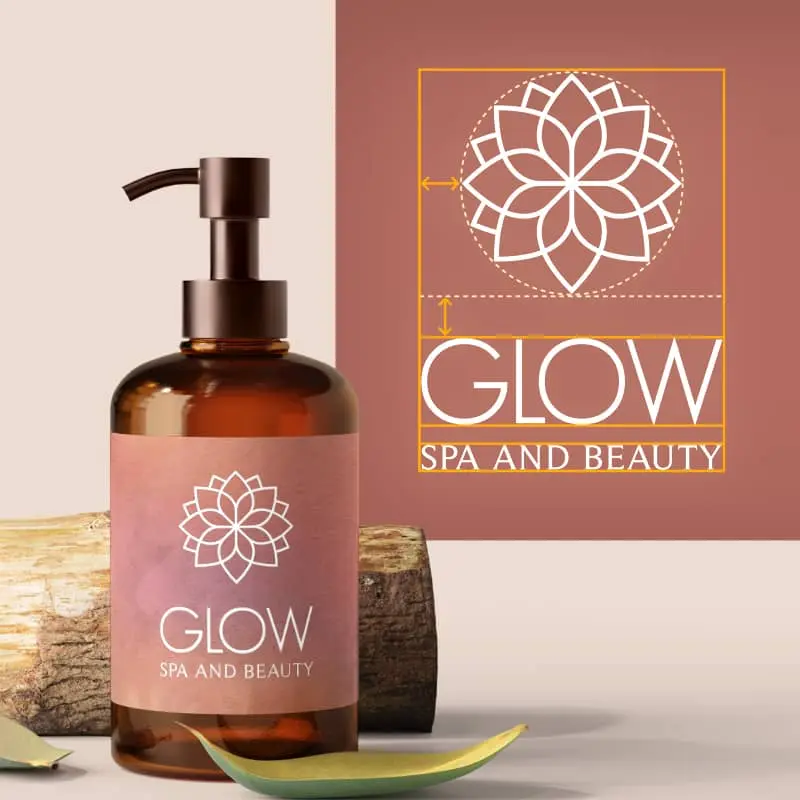 Brown glass bottle of Glow Spa and Beauty product with a floral logo, displayed against a cream background.
