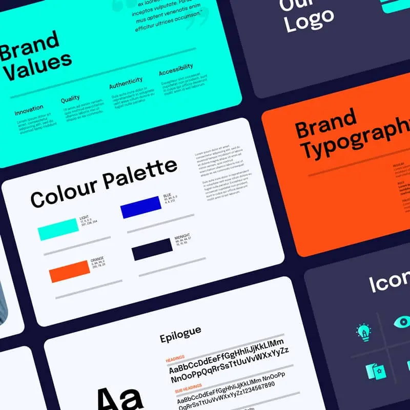 Brand guide document showcasing brand values, color palette, typography, and icons.