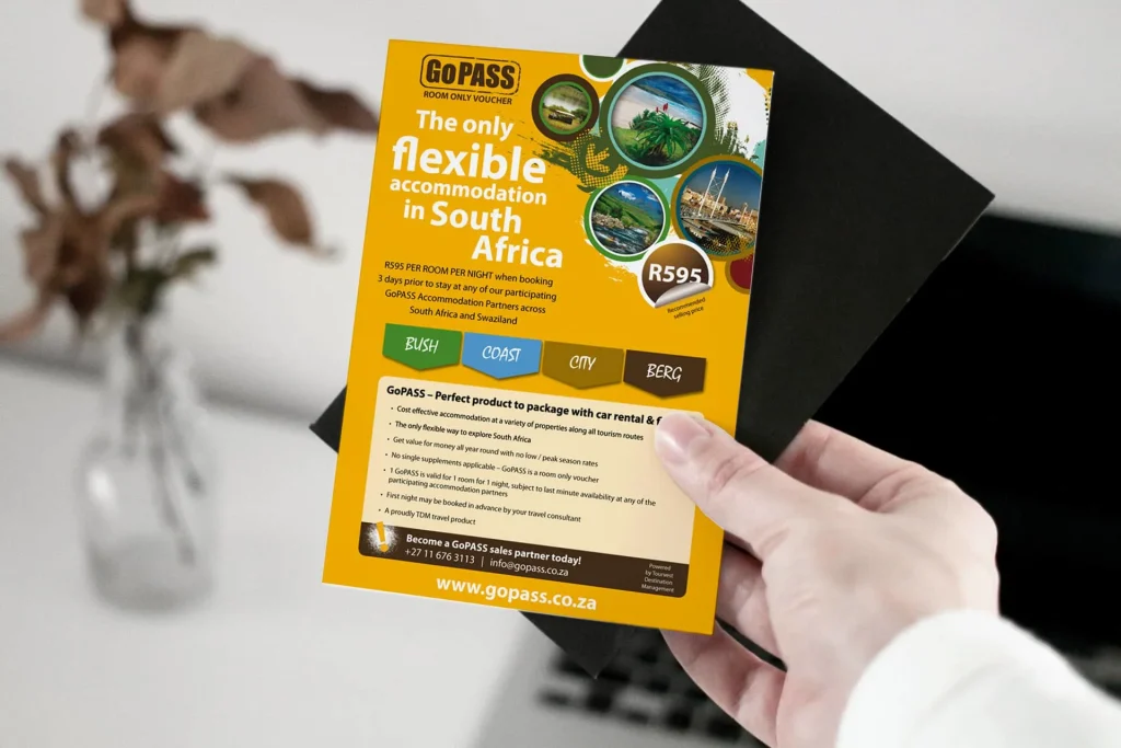 A promotional flyer for the South Africa Tourism Board showcasing scenic landscapes and cultural attractions.