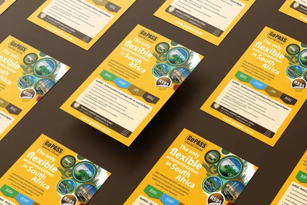 A collection of yellow and brown flyers featuring various images and designs.