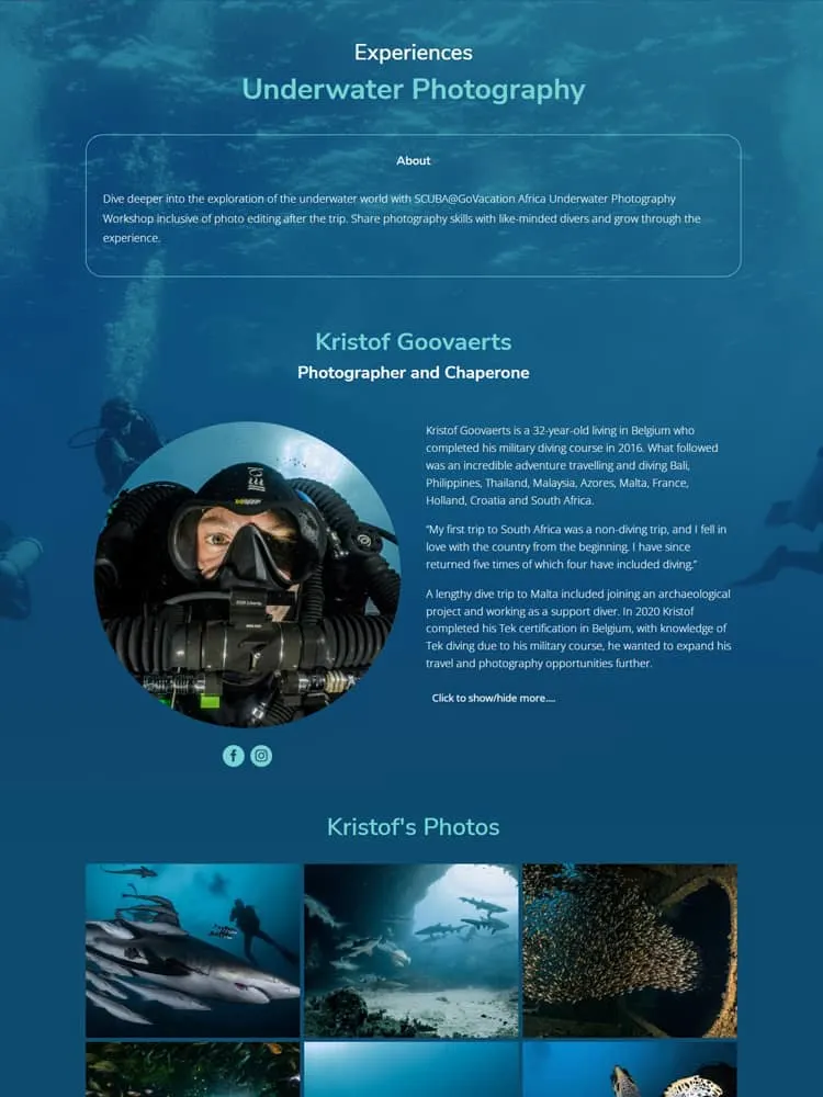 Closeup view of Scuba@'s website, showing a scuba diver, in dive gear, on the page for underwater photography.