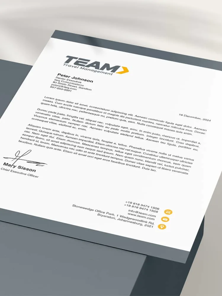 Letterhead with logo for Team Travel Management