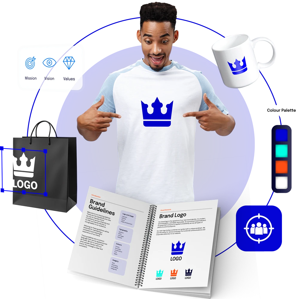 Man pointing at a logo design on a t-shirt, surrounded by brand guidelines, a color palette, and logo examples.