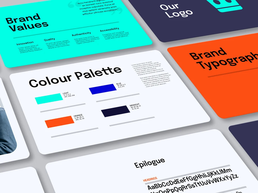 Brand guidelines document showcasing brand values, color palette, typography, and logo, presented on layered cards.