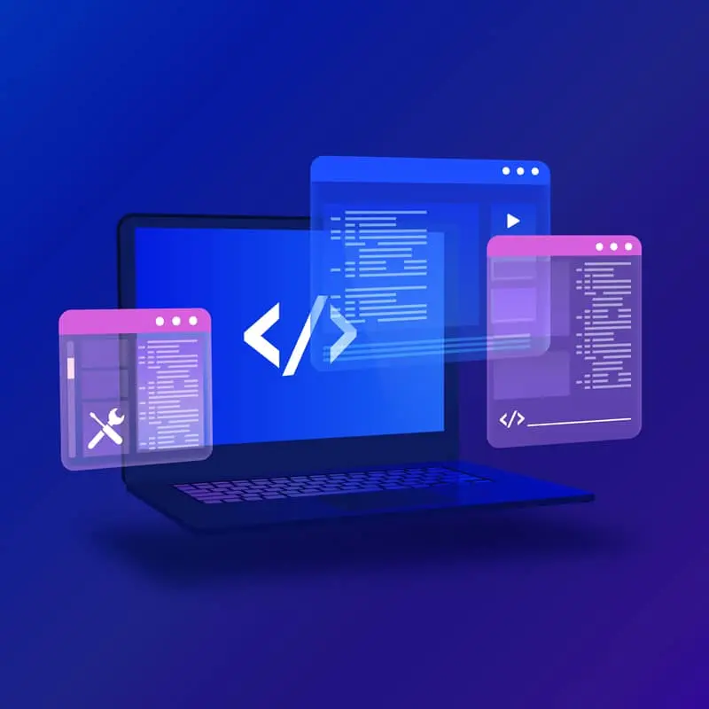 Laptop computer screen displaying code and multiple web browser windows, representing HTML5 code.