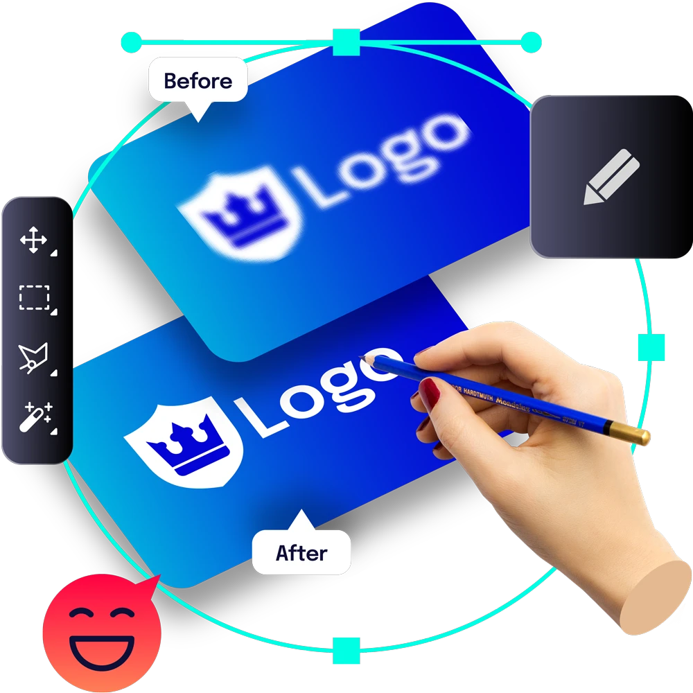 Graphic design software showing a logo redraw process, from a blurry "Before" image to a clear "After" image, with editing tools and a hand holding a pencil.