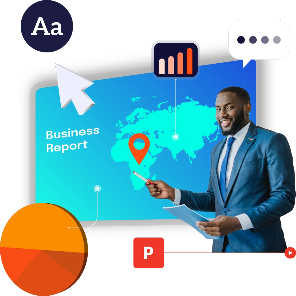Man in suit presenting a global business report, highlighting a location on a world map with a pointer, alongside pie chart and graph icons.