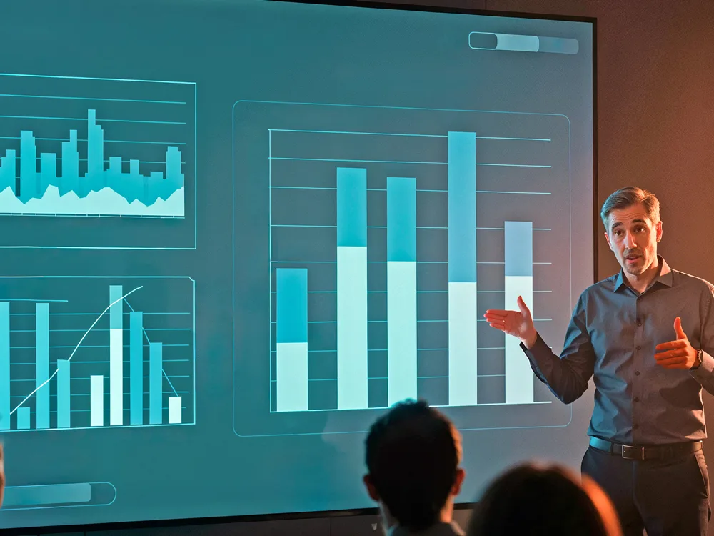 Business presentation with multiple graphs displayed on a screen, a man giving a presentation to an audience.