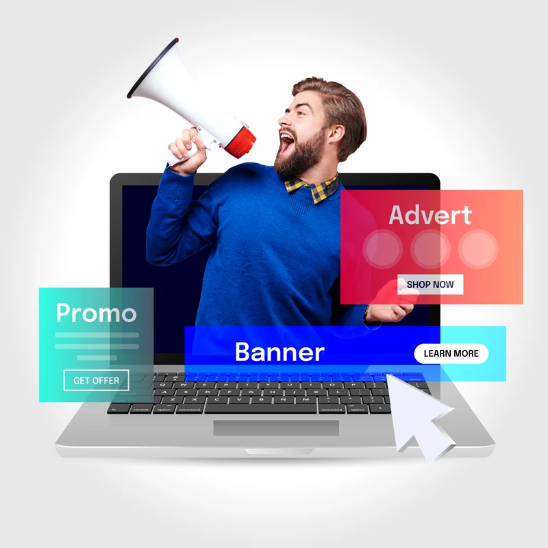 Man with megaphone on a laptop screen that is displaying "Promo," "Banner," and "Advert" web banners with call-to-action buttons.