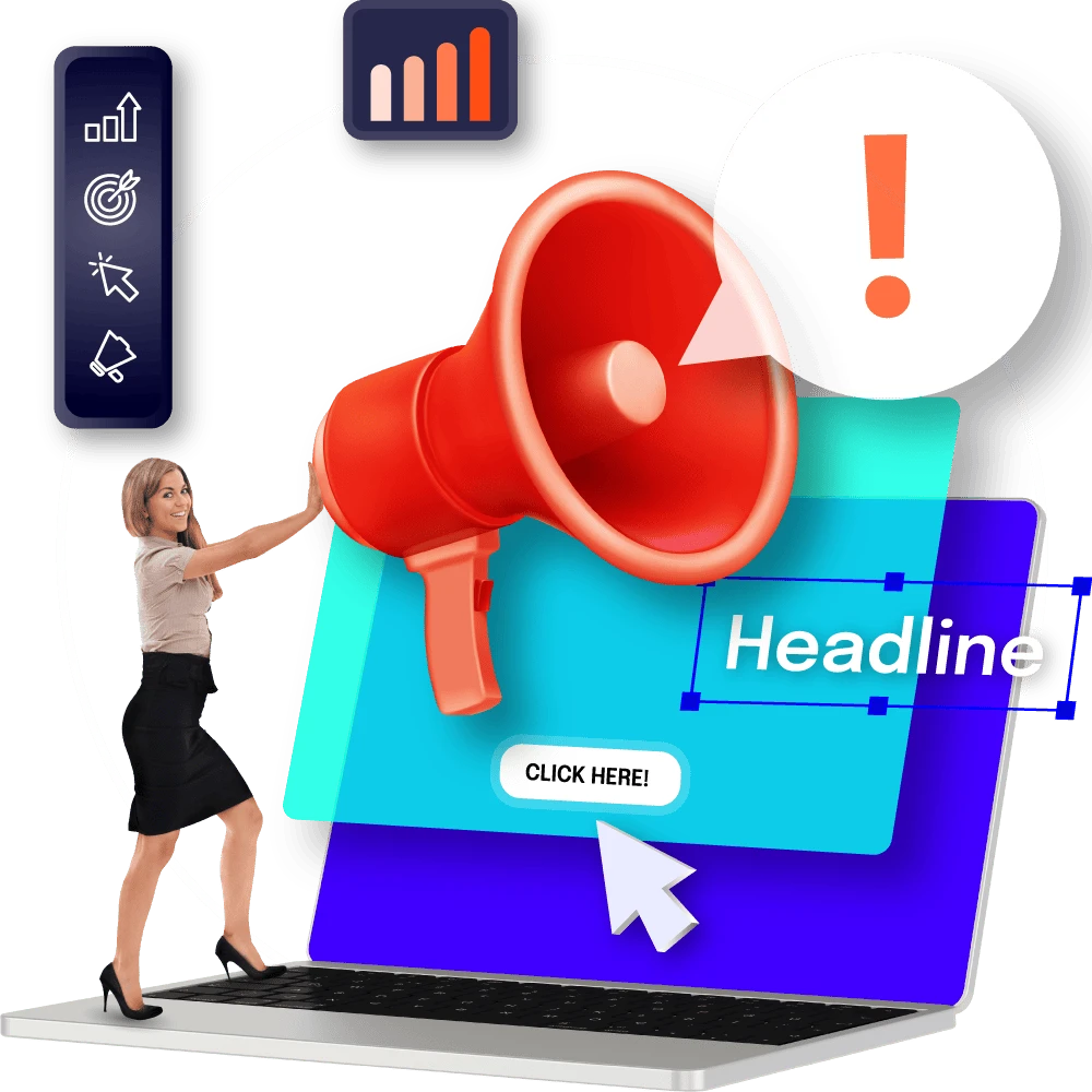 Woman pushing a large red megaphone over a laptop with a headline and a "click here" button.