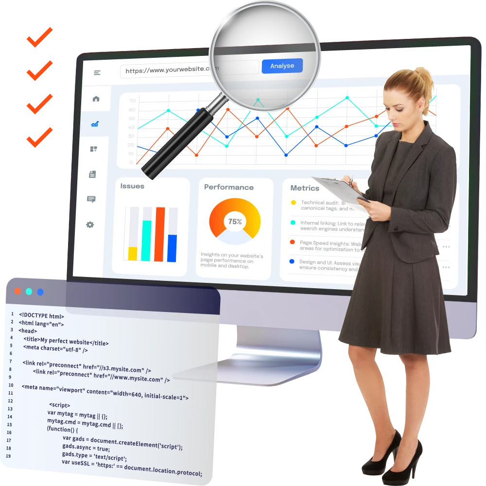 Website performance analysis dashboard showing issues, performance metrics (75% score), and technical audit suggestions.