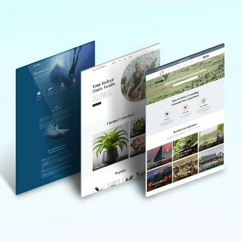 Three website examples showcasing different design themes, including a nature-focused theme with indoor plants, a travel theme with African safari imagery, and an underwater discovery theme.