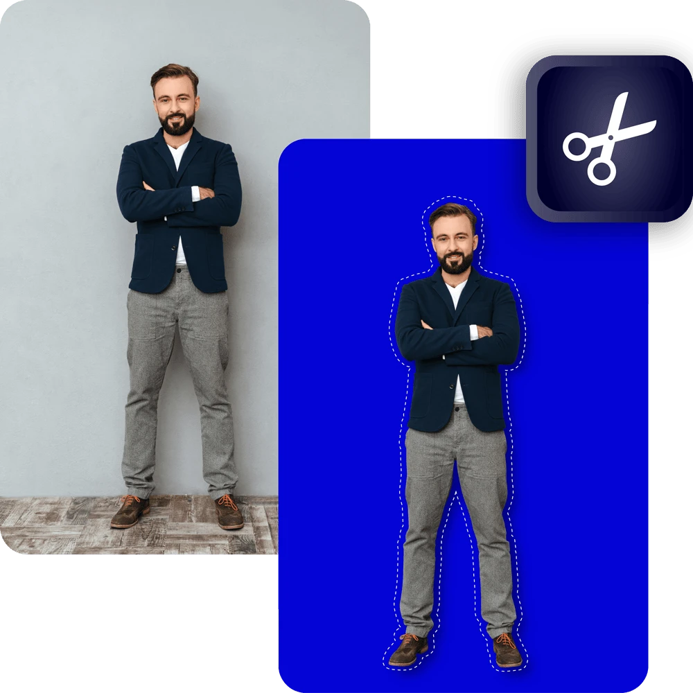 Man in a navy blazer and gray pants, positioned against a gray background, with a dashed outline of the same man on a blue background.