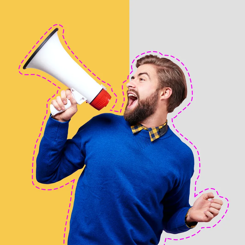 Man in blue sweater shouts into a megaphone, outlined in magenta dotted lines against a yellow and gray background.