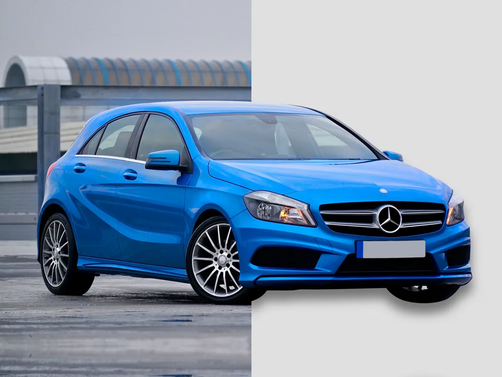 Blue Mercedes-Benz A-Class car on a paved surface, split image with one half on the original background and the other half on a grey background