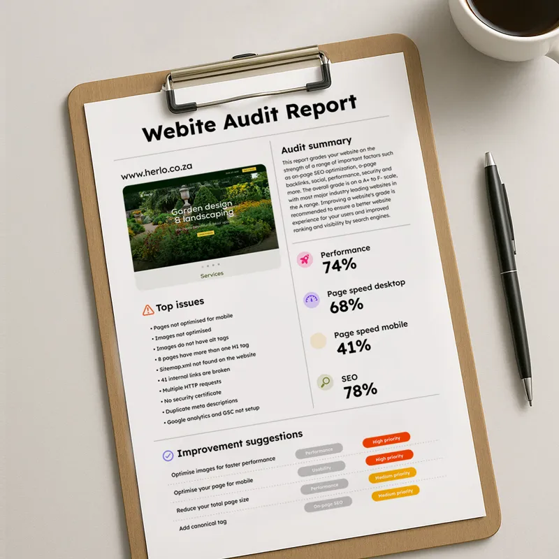 Website audit report showcasing performance metrics and recommendations for improvement.