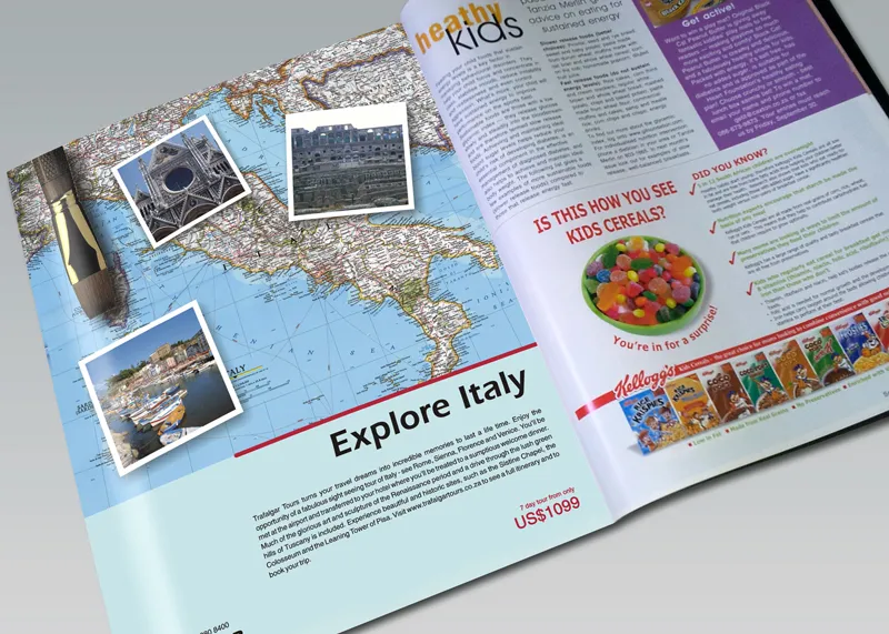 Open magazine displaying a travel ad titled "Explore Italy" featuring a map, and photos of Italian landmarks.