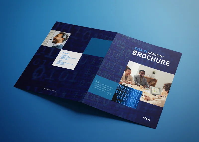 Open company brochure on a blue surface. The front cover shows diverse team collaborating and the text "2024/25 Company Brochure." The back cover has a portrait and contact info.