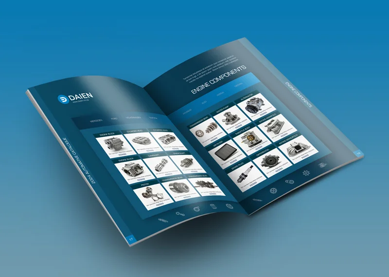 An open catalogue on a blue gradient background displays engine components with images and descriptions. The sleek design conveys a modern, technical tone.