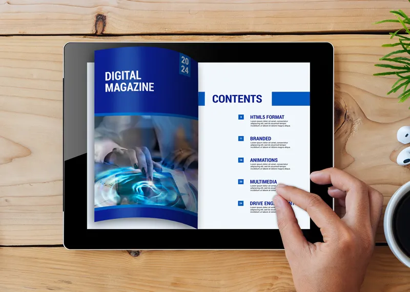 Hands holding a tablet displaying a digitally rendered open magazine, titled "Digital Magazine 2024." A contents page lists tech topics.
