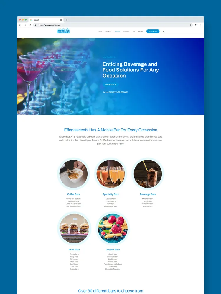 Closeup view of the single service page featuring mobile bars on Effervescents's website