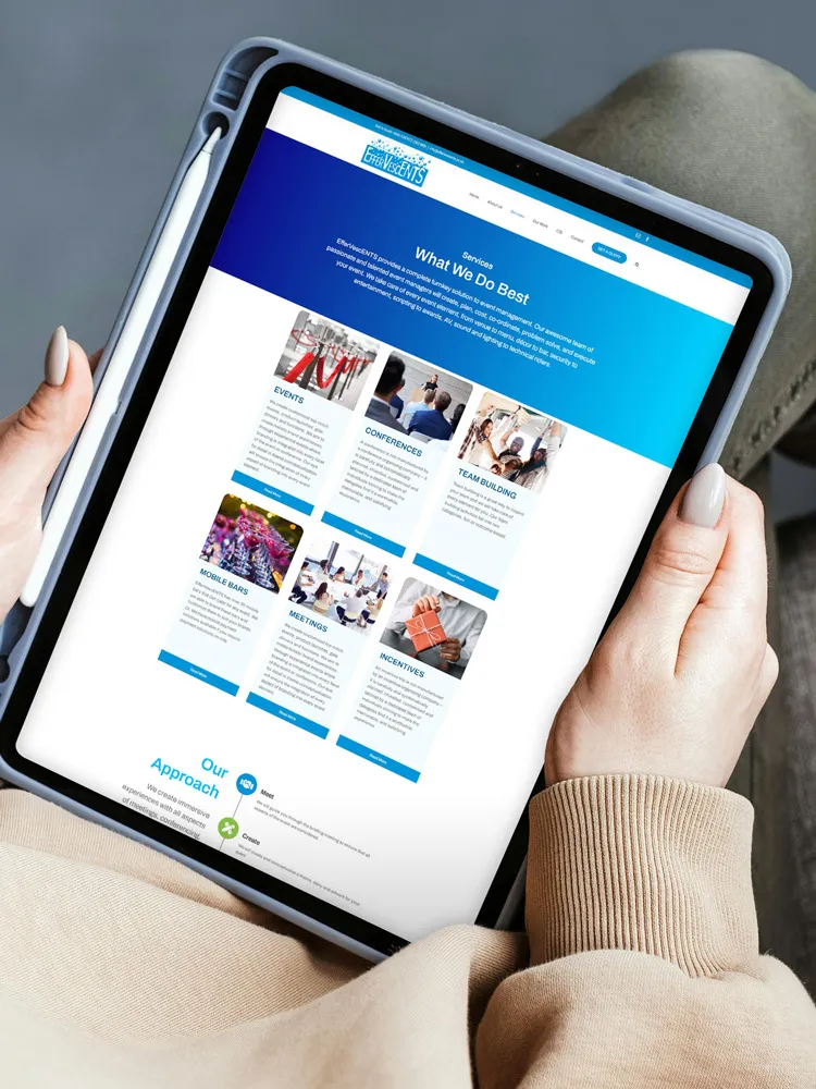 Tablet view of the service overview page of Effervescents's website design