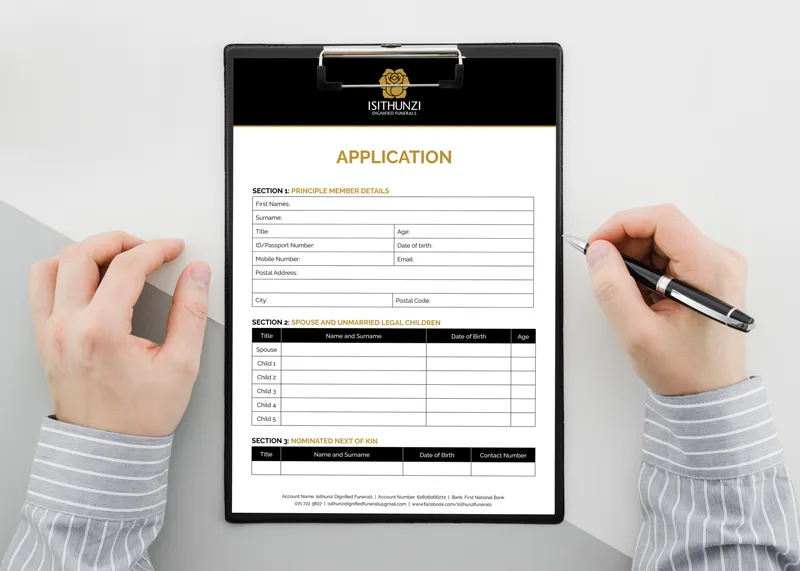 A person holding a pen and a clipboard with an application form. The form includes sections for personal and family details.
