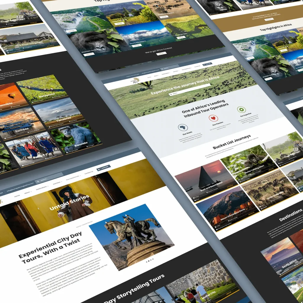 A grid of pages of Journeys Through Africa's website