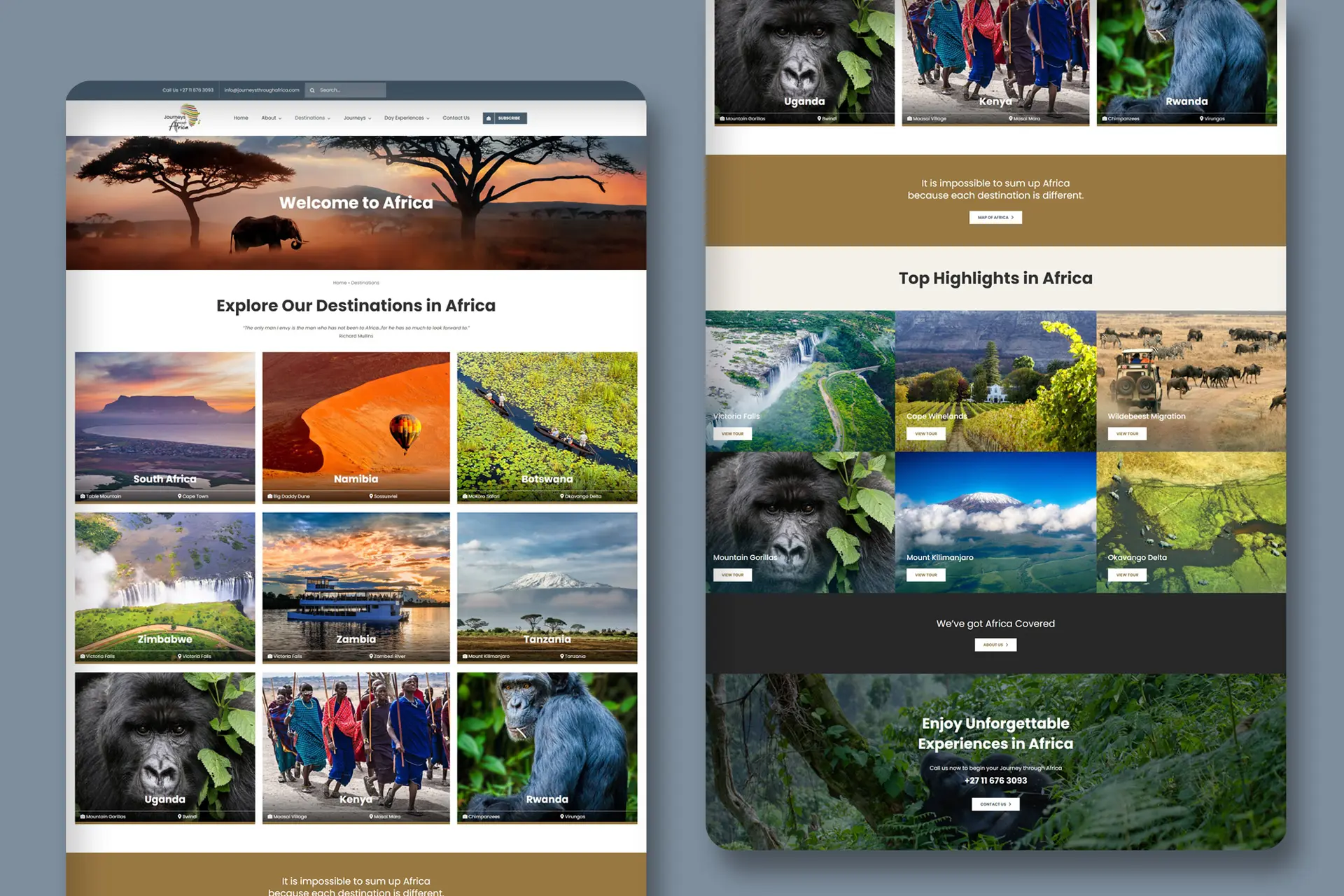 Destinations overview page design for Journeys Through Africa's website