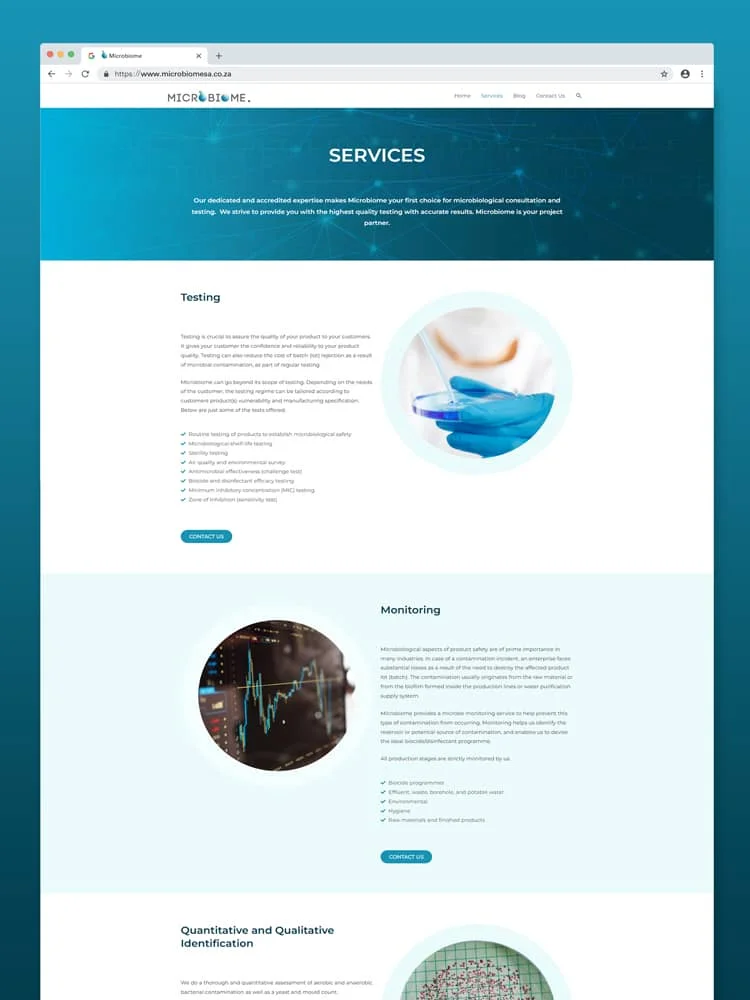 Closeup view of the service page on Microbiome's website