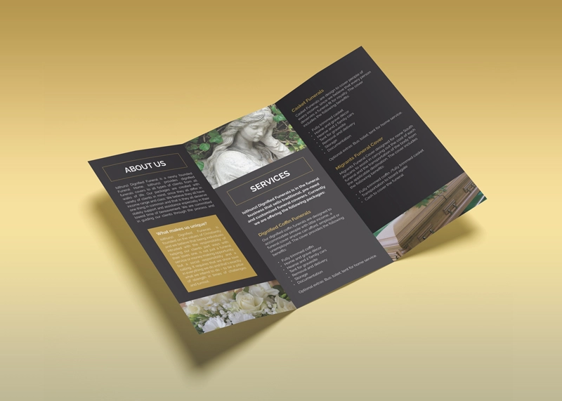 Tri-fold pamphlet on a gradient background. The brochure includes sections titled "About Us" and "Services".