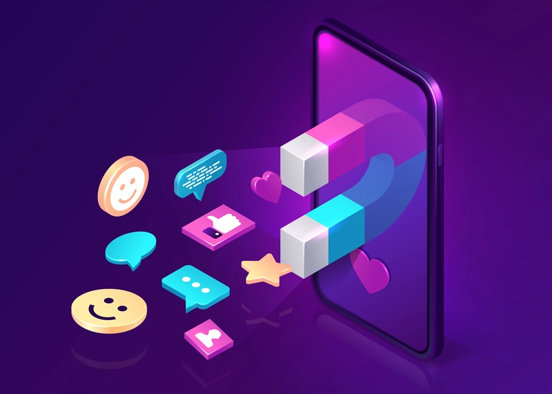 An illustrated smartphone with social media icons, against a dark purple background, conveying digital engagement.