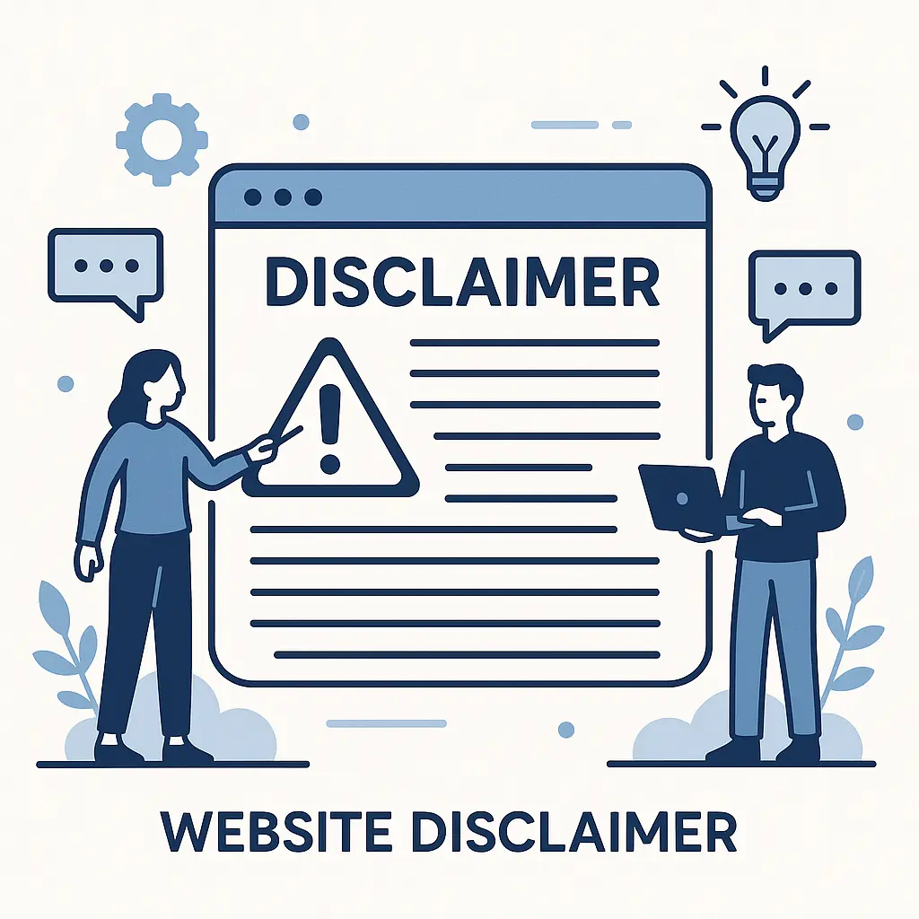 Illustration of a website disclaimer with two people. One points at a warning symbol; the other holds a laptop. Speech bubbles and icons suggest communication.