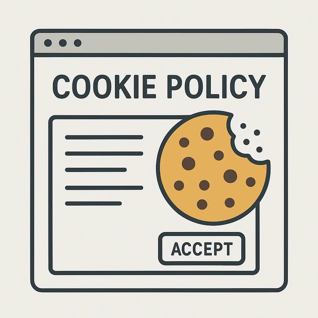 Illustration of a "Cookie Policy" pop-up with a bitten cookie icon and an "Accept" button. Minimalist design, representing online consent dialog.