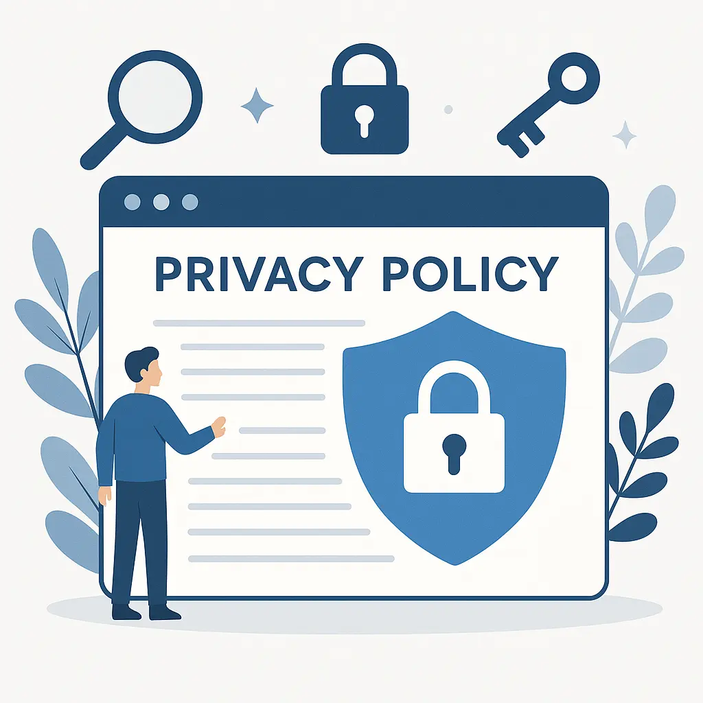 Illustration of a web page depicting a privacy policy with a shield, a lock and a magnifying glass.