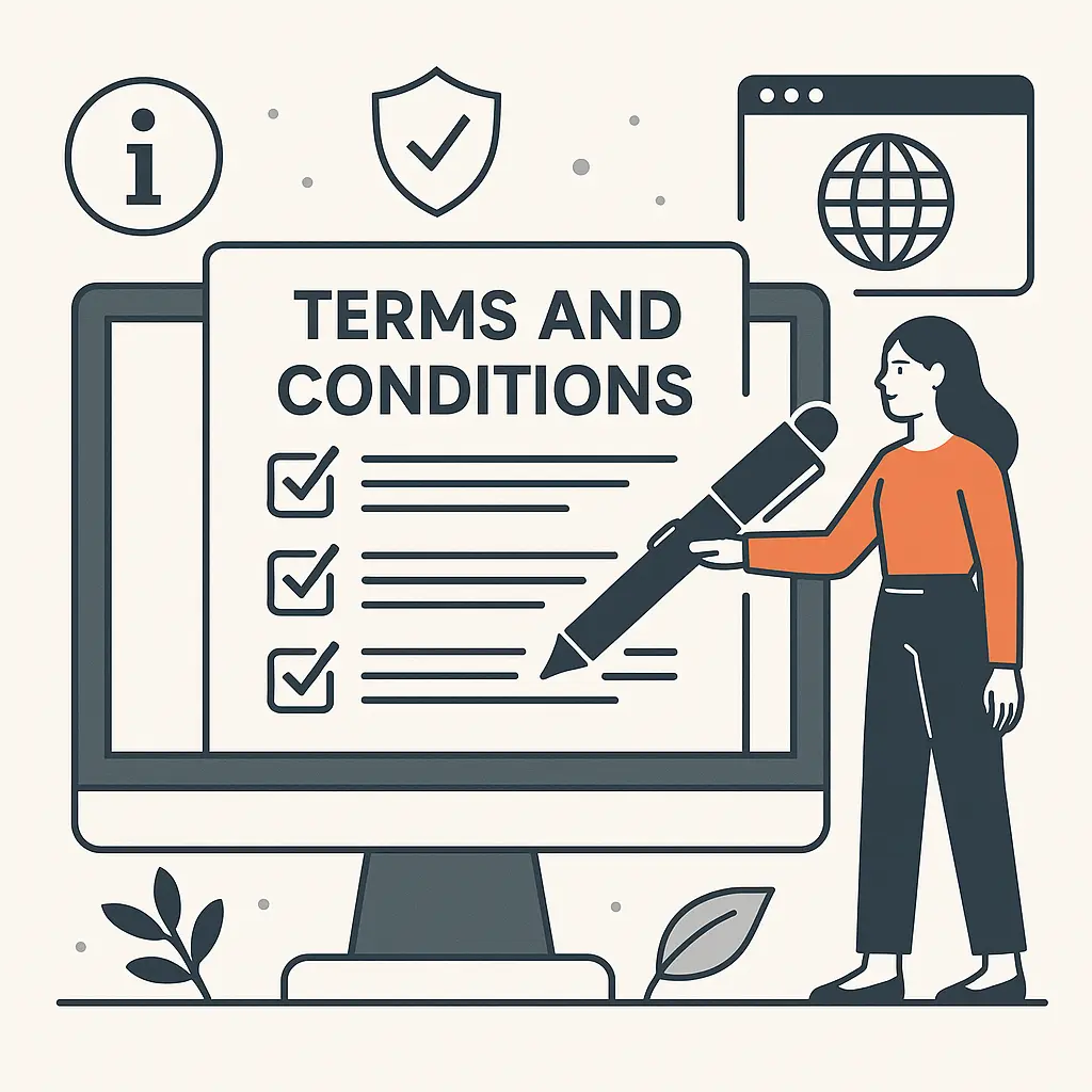 Illustration of a woman pointing to a "Terms and Conditions" screen on a computer monitor. Includes checkmarks, a shield, and internet icons, conveying formality.