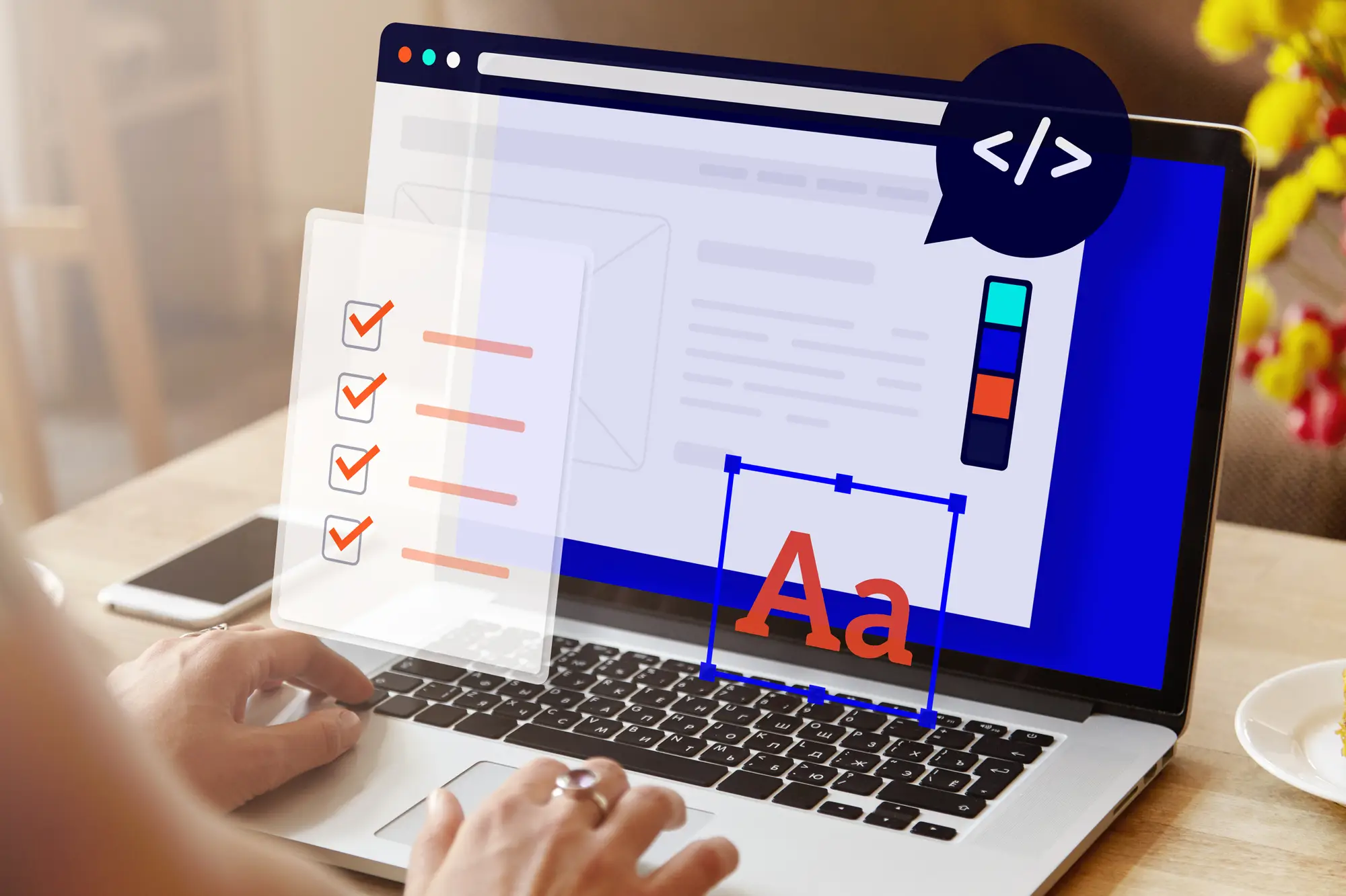 A person types on a laptop displaying a web design interface with coding symbols, a checklist, and typography tools, conveying a digital design concept.